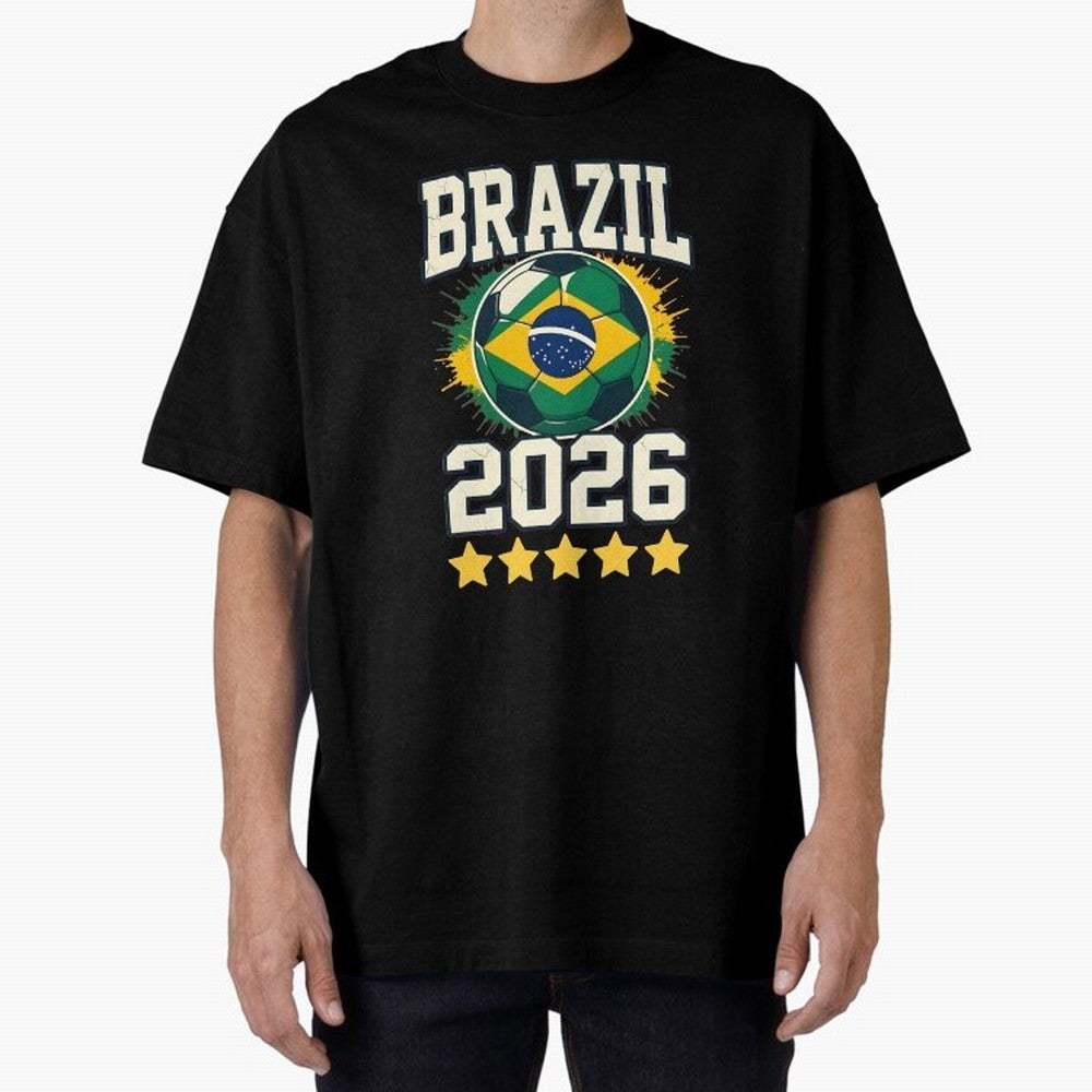 Brazil Soccer Football 2026 Oversized T-Shirt Celebrate FIFA World Cup 2026 Spirit, with Portugal, Spain and Germany, Haaland, Game Day Rituals, Football Legends, Country Pride and the Road to the Final; Great for Watch Parties, Sports Bars, Family