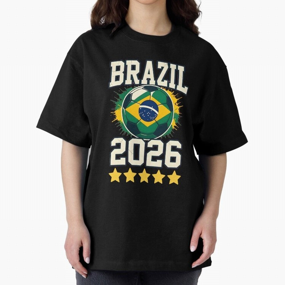 Brazil Soccer Football 2026 Oversized T-Shirt Celebrate FIFA World Cup 2026 Spirit, with Portugal, Spain and Germany, Haaland, Game Day Rituals, Football Legends, Country Pride and the Road to the Final; Great for Watch Parties, Sports Bars, Family