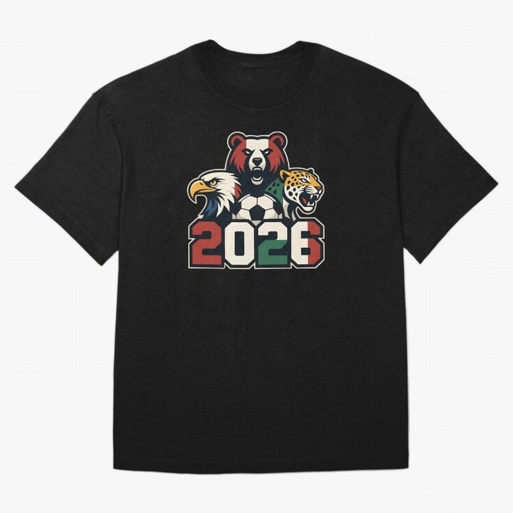 World Cup 2026 USA Canada Mexico Host Mascots Oversized T-Shirt Join FIFA World Cup 2026 Group Stage Built around CR7, Spain and Netherlands Energy, Stadium Chants, National Pride, Trophy Dreams and Unforgettable Football Memories; Ideal for