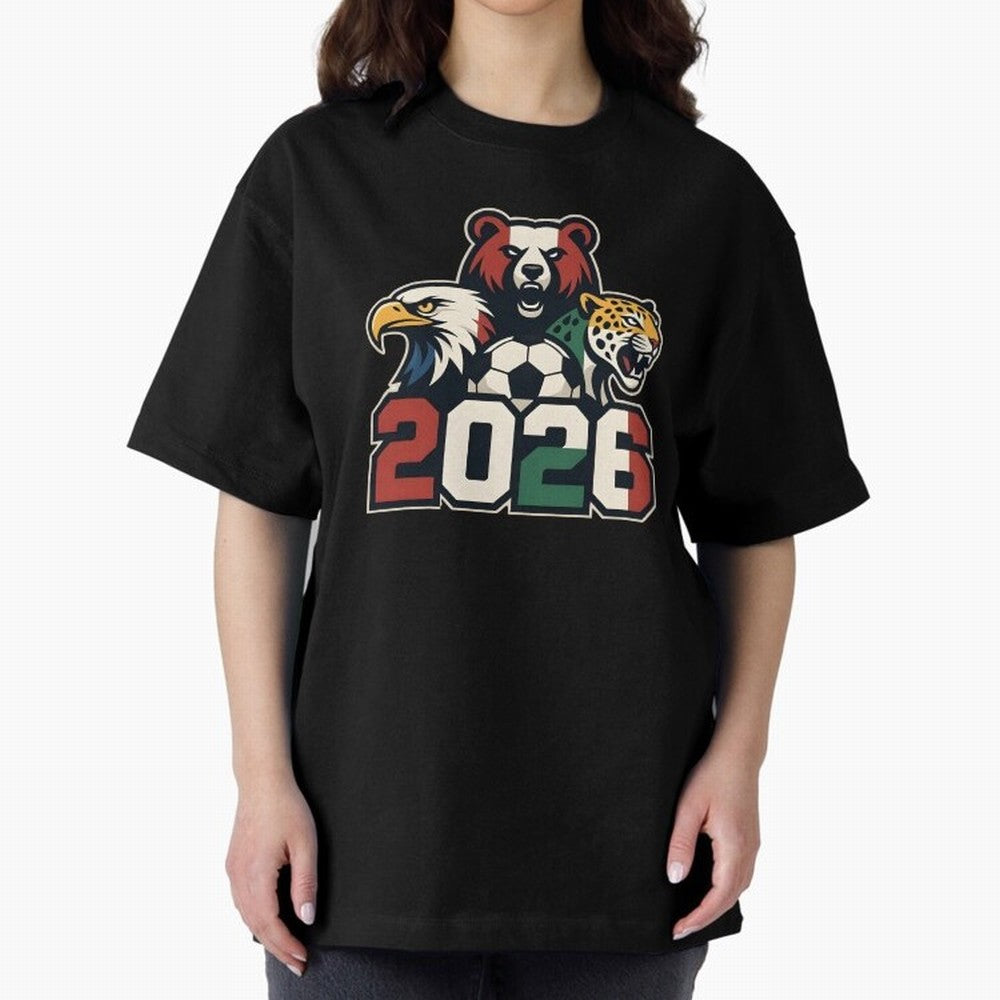 World Cup 2026 USA Canada Mexico Host Mascots Oversized T-Shirt Join FIFA World Cup 2026 Group Stage Built around CR7, Spain and Netherlands Energy, Stadium Chants, National Pride, Trophy Dreams and Unforgettable Football Memories; Ideal for