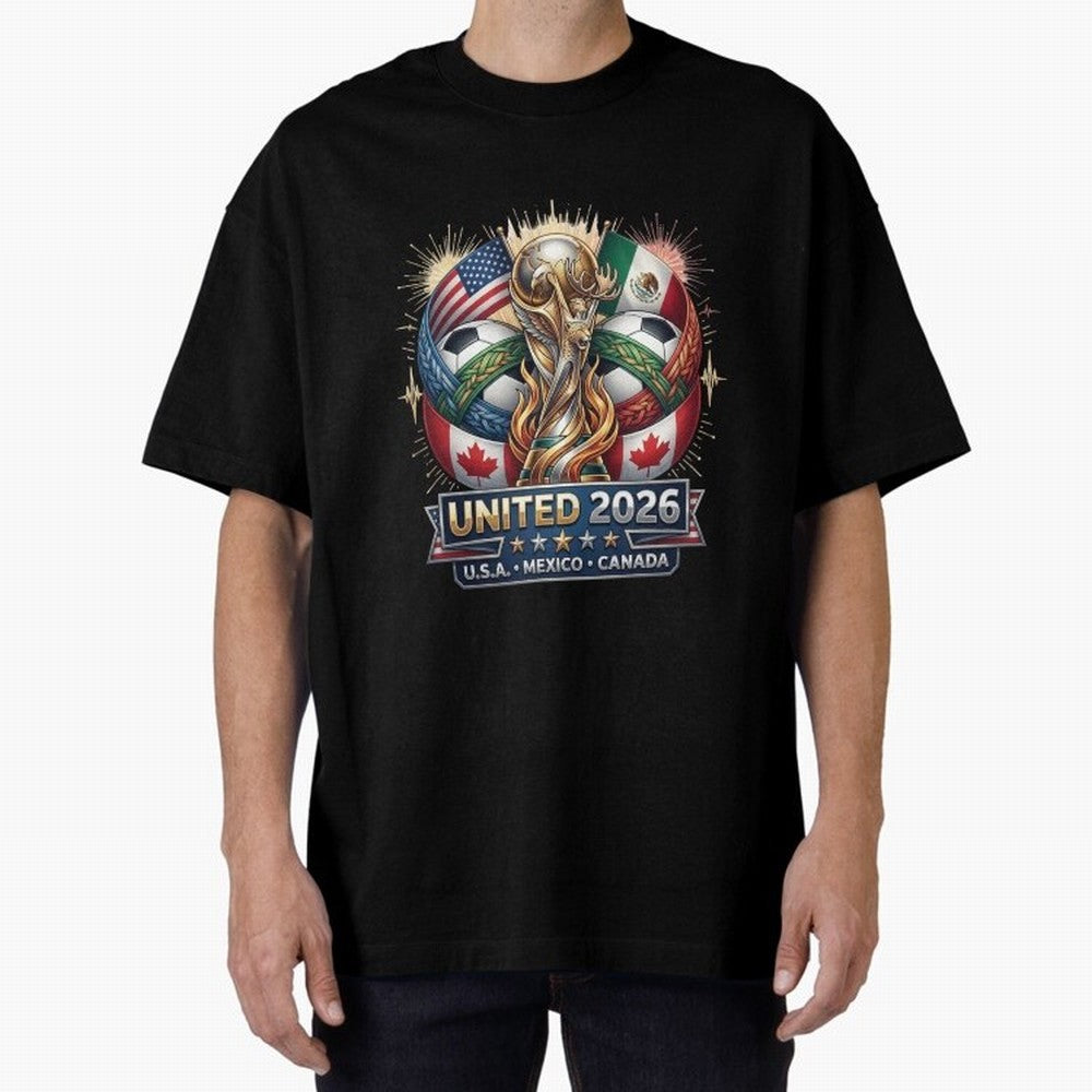 United 2026 Soccer Nations Trophy - USA Mexico Canada Mascot Art Oversized T-Shirt Represent FIFA World Cup 2026 USA Canada Mexico Spirit, with Portugal, Messi, Football Passion, Legendary Performances, Festival Vibes and Supporter Community;