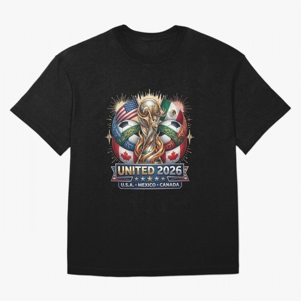 United 2026 Soccer Nations Trophy - USA Mexico Canada Mascot Art Oversized T-Shirt Represent FIFA World Cup 2026 USA Canada Mexico Spirit, with Portugal, Messi, Football Passion, Legendary Performances, Festival Vibes and Supporter Community;