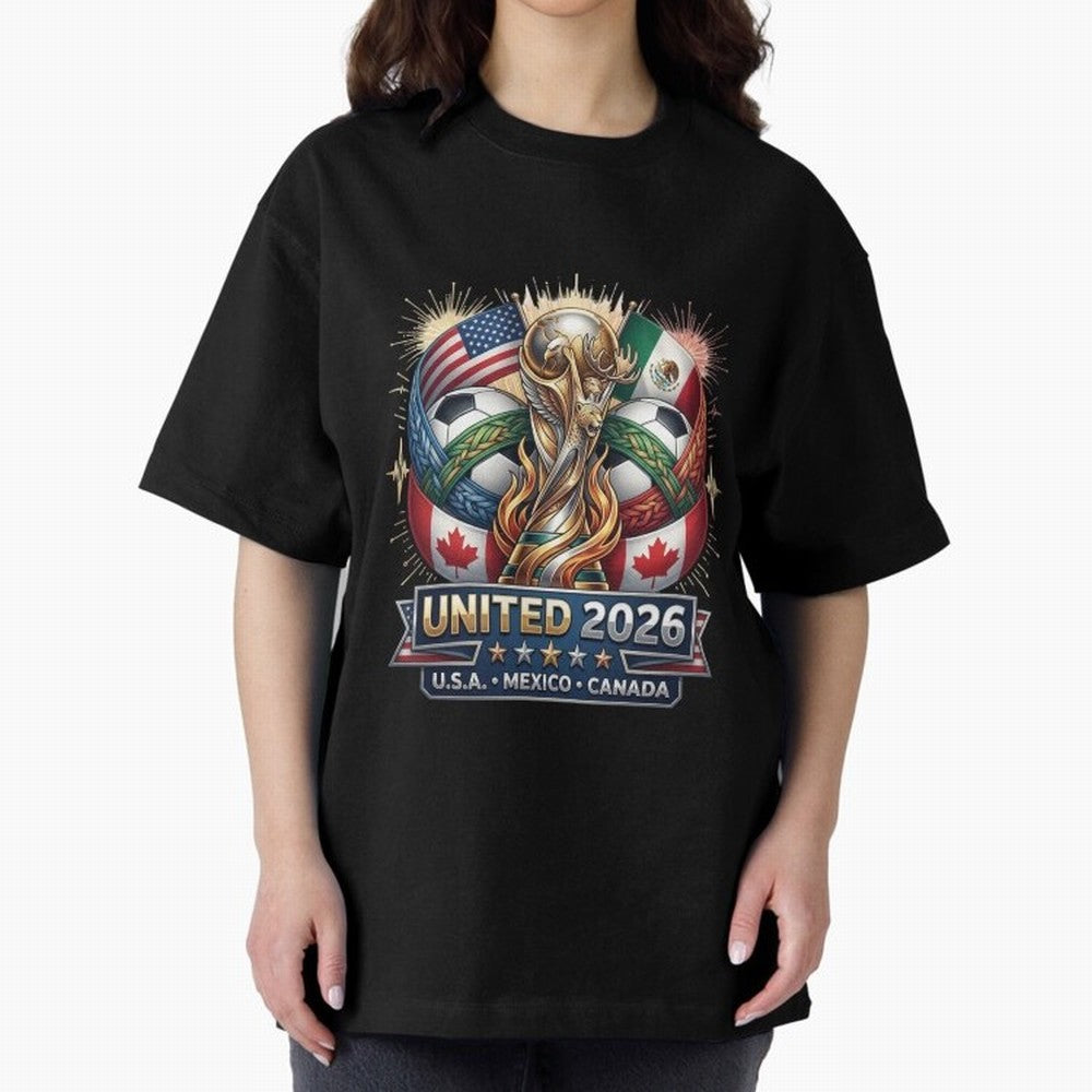 United 2026 Soccer Nations Trophy - USA Mexico Canada Mascot Art Oversized T-Shirt Represent FIFA World Cup 2026 USA Canada Mexico Spirit, with Portugal, Messi, Football Passion, Legendary Performances, Festival Vibes and Supporter Community;