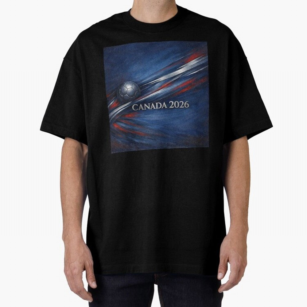 Canada 2026 Soccer Theme with silver lines Oversized T-Shirt Represent FIFA World Cup 2026 USA Canada Mexico Featuring Messi, Portugal Energy, Retro Football Energy, Iconic Rivalries, Trophy Chase Drama and Stadium Atmosphere; Perfect for Fans,
