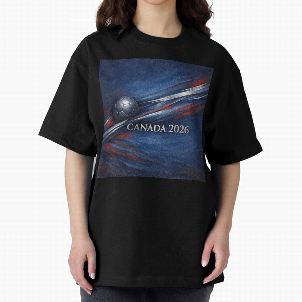 Canada 2026 Soccer Theme with silver lines Oversized T-Shirt Represent FIFA World Cup 2026 USA Canada Mexico Featuring Messi, Portugal Energy, Retro Football Energy, Iconic Rivalries, Trophy Chase Drama and Stadium Atmosphere; Perfect for Fans,