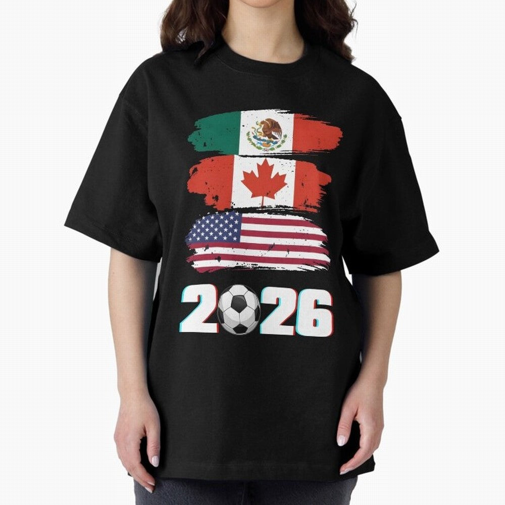 USA Canada Mexico Flag 2026 Cup Brush Art Oversized T-Shirt Represent the Passion of FIFA World Cup 2026 Inspired by Neymar, Argentina Energy, Game Day Rituals, Football Legends, Country Pride and the Road to the Final; Perfect for Fans,