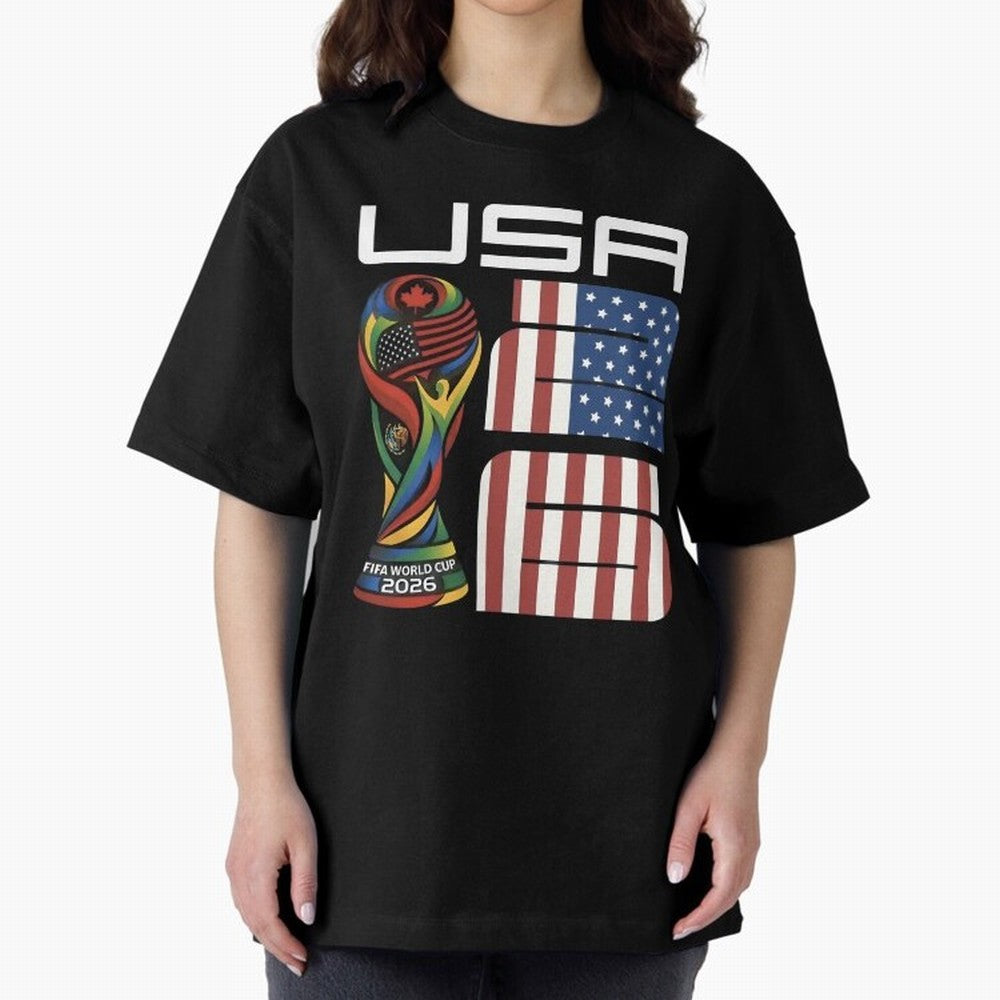USA World Cup 2026 Host Nation Soccer Design Oversized T-Shirt Enjoy the Biggest Football Party of FIFA World Cup 2026 USA Canada Mexico Spirit, Driven by Argentina, France and Brazil, CR7 and Messi, Worldwide Fan Energy, Dramatic Goals, Stadium