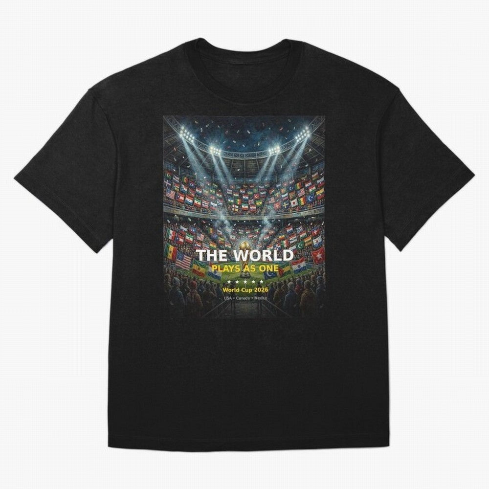 The World Plays As One - World Cup 2026 Soccer Fan Tee Oversized T-Shirt Relive Legendary Nights from FIFA World Cup 2026 Group Stage for Fans of CR7 and Messi and Spain and Netherlands, Bringing Sports Nostalgia, International Competition, Famous