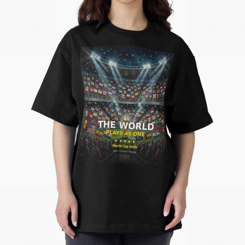 The World Plays As One - World Cup 2026 Soccer Fan Tee Oversized T-Shirt Relive Legendary Nights from FIFA World Cup 2026 Group Stage for Fans of CR7 and Messi and Spain and Netherlands, Bringing Sports Nostalgia, International Competition, Famous