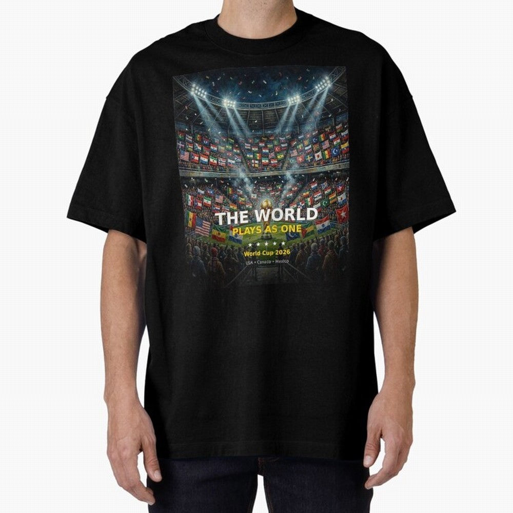 The World Plays As One - World Cup 2026 Soccer Fan Tee Oversized T-Shirt Relive Legendary Nights from FIFA World Cup 2026 Group Stage for Fans of CR7 and Messi and Spain and Netherlands, Bringing Sports Nostalgia, International Competition, Famous