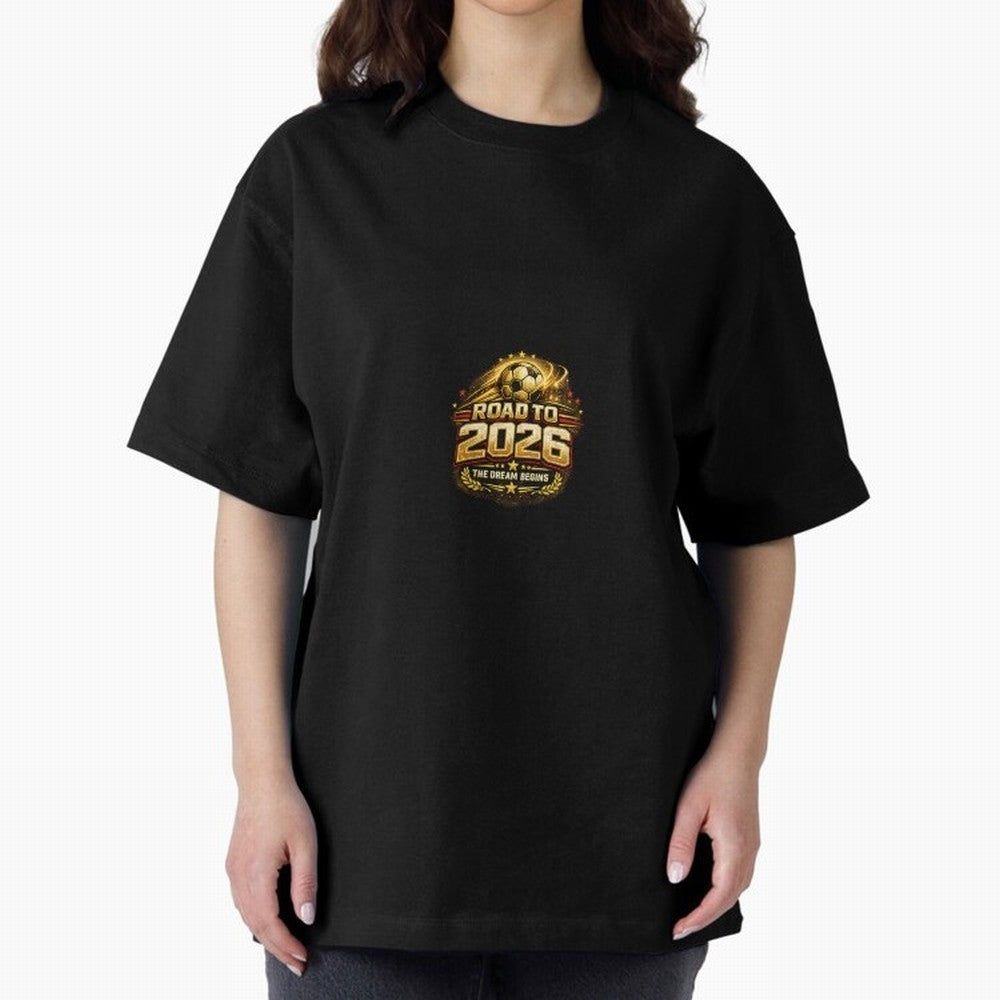 Road To 2026 Football Fan Shirt Oversized T-Shirt Represent Football Lovers during FIFA World Cup 2026 USA Canada Mexico Spirit, Celebrating Portugal, Spain and Germany, Mbappe, Vintage Soccer Flavor, Modern Football Stars, National Flags and Final