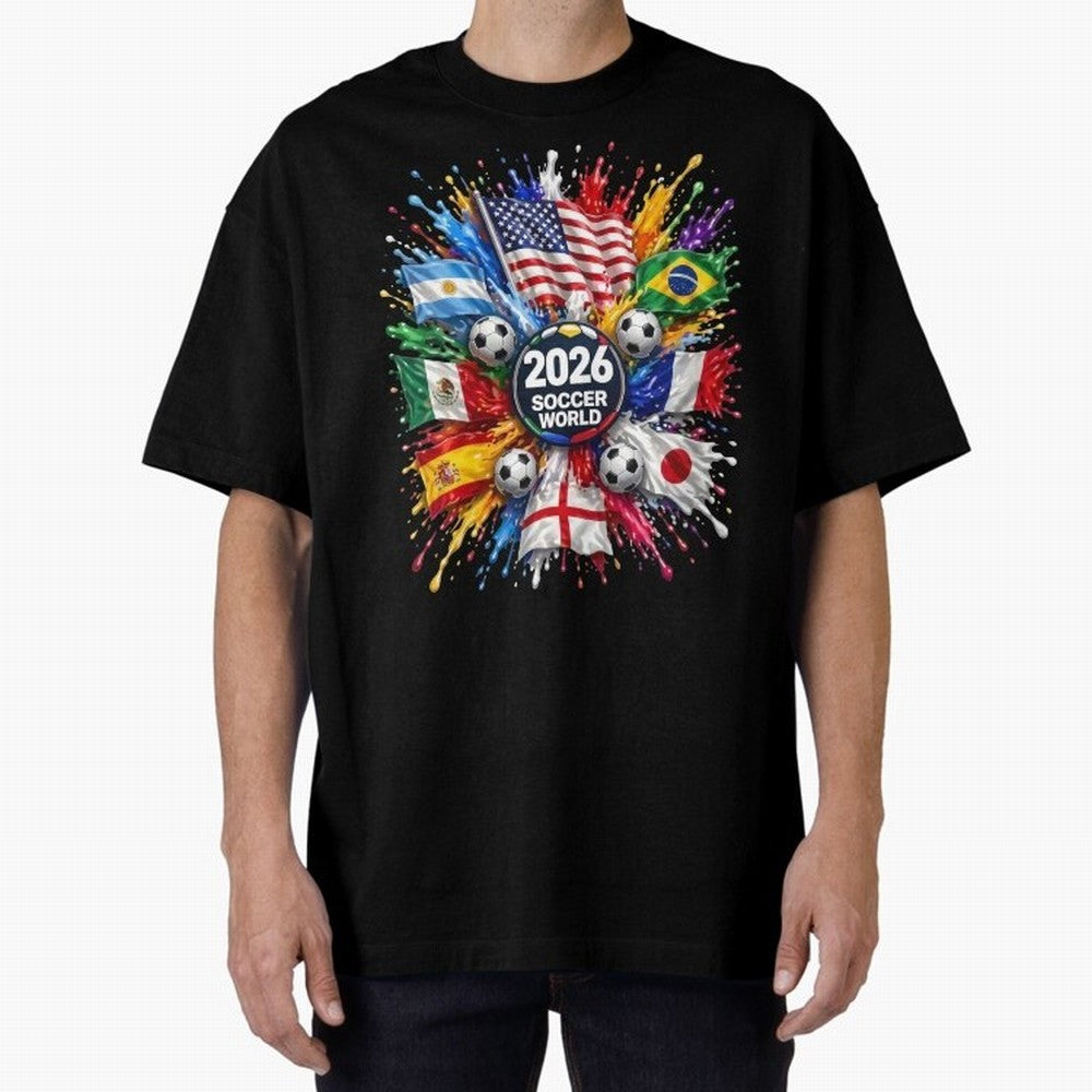 2026 Soccer World Flags USA Mexico Canada Football Paint Splash Graphic Oversized T-Shirt Make Every Match About FIFA World Cup 2026 Spirit, Featuring Germany, Neymar, Haaland and Cristiano Ronaldo, Goal Celebration Energy, Supporter Heritage,