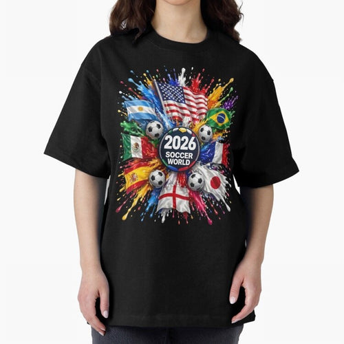 2026 Soccer World Flags USA Mexico Canada Football Paint Splash Graphic Oversized T-Shirt Make Every Match About FIFA World Cup 2026 Spirit, Featuring Germany, Neymar, Haaland and Cristiano Ronaldo, Goal Celebration Energy, Supporter Heritage,
