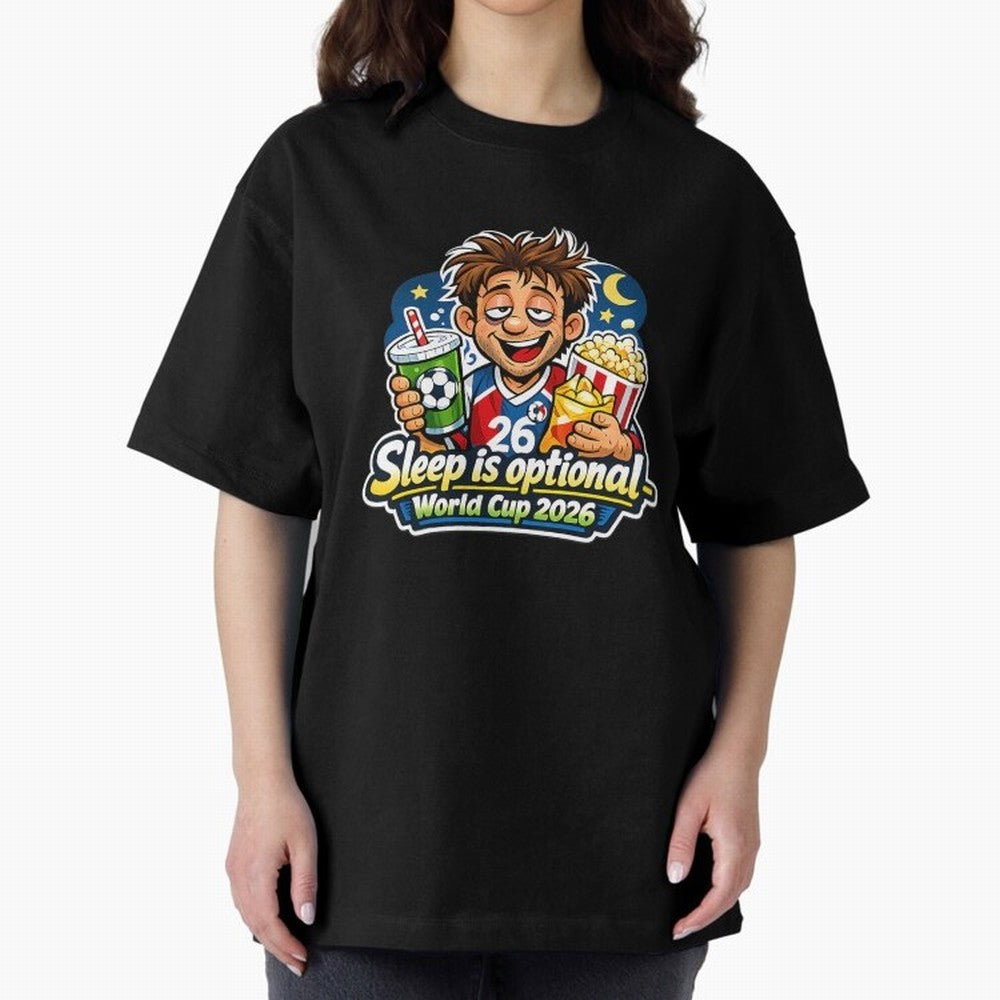 Sleep Is Optional World Cup 2026 Soccer Fan Night Oversized T-Shirt Celebrate Football Heritage in FIFA World Cup 2026 for Fans of Messi and Cristiano Ronaldo and Argentina, Bringing Football History, Final Match Energy, Crowd Noise and Once in a