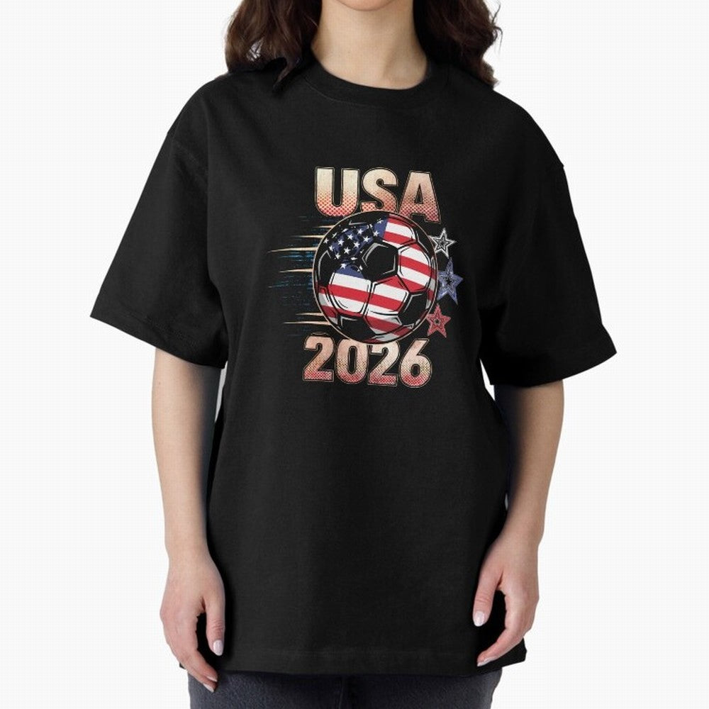 USA Soccer with Red White Blue Stars 2026 Cup T-Shirt_83834283 Oversized T-Shirt Support the FIFA World Cup 2026 Journey through Messi and Cristiano Ronaldo Highlights, Argentina, France and Brazil Pride, Vintage Soccer Flavor, Modern Football