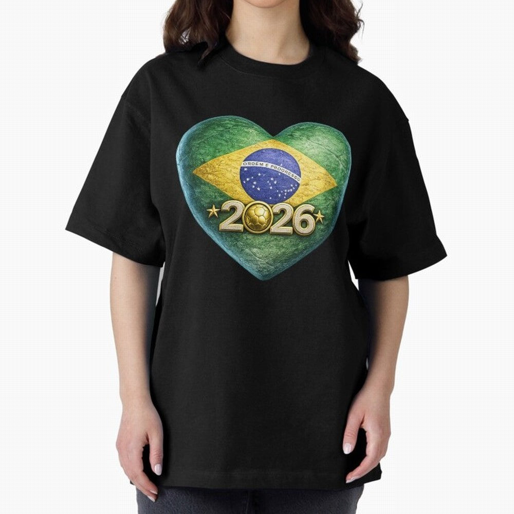 Brazil 2026 World Football Heart Flag Designs Oversized T-Shirt Capture FIFA World Cup 2026 Spirit, Centered on Portugal, Haaland and Mbappe, Football History, Final Match Energy, Crowd Noise and Once in a Lifetime Moments; Created for Match Day
