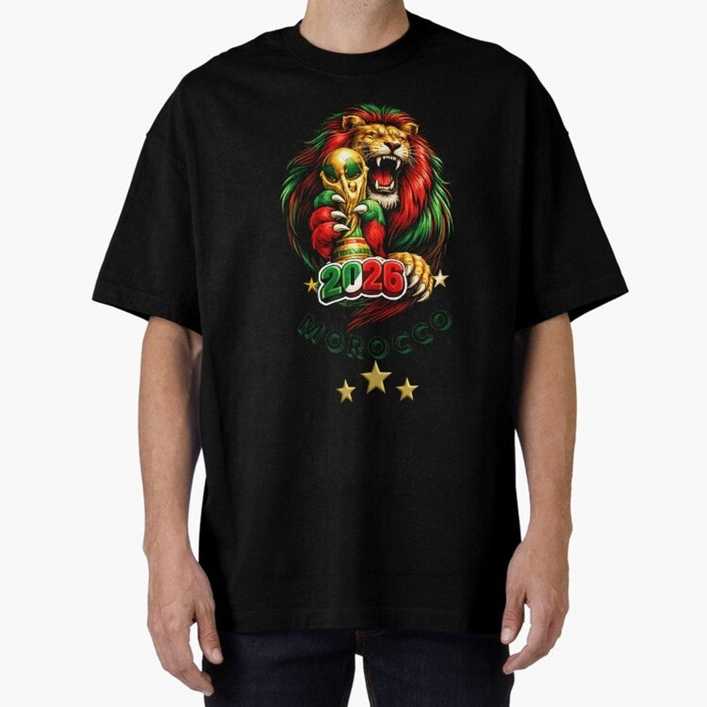 Moroccan Lion World Cup 2026 Design Oversized T-Shirt Experience the Global Stage of Global Football Passion for FIFA World Cup 2026 USA Canada Mexico, Capturing Mbappe, Germany, Championship Spirit, Famous Goals, Roaring Crowds and International