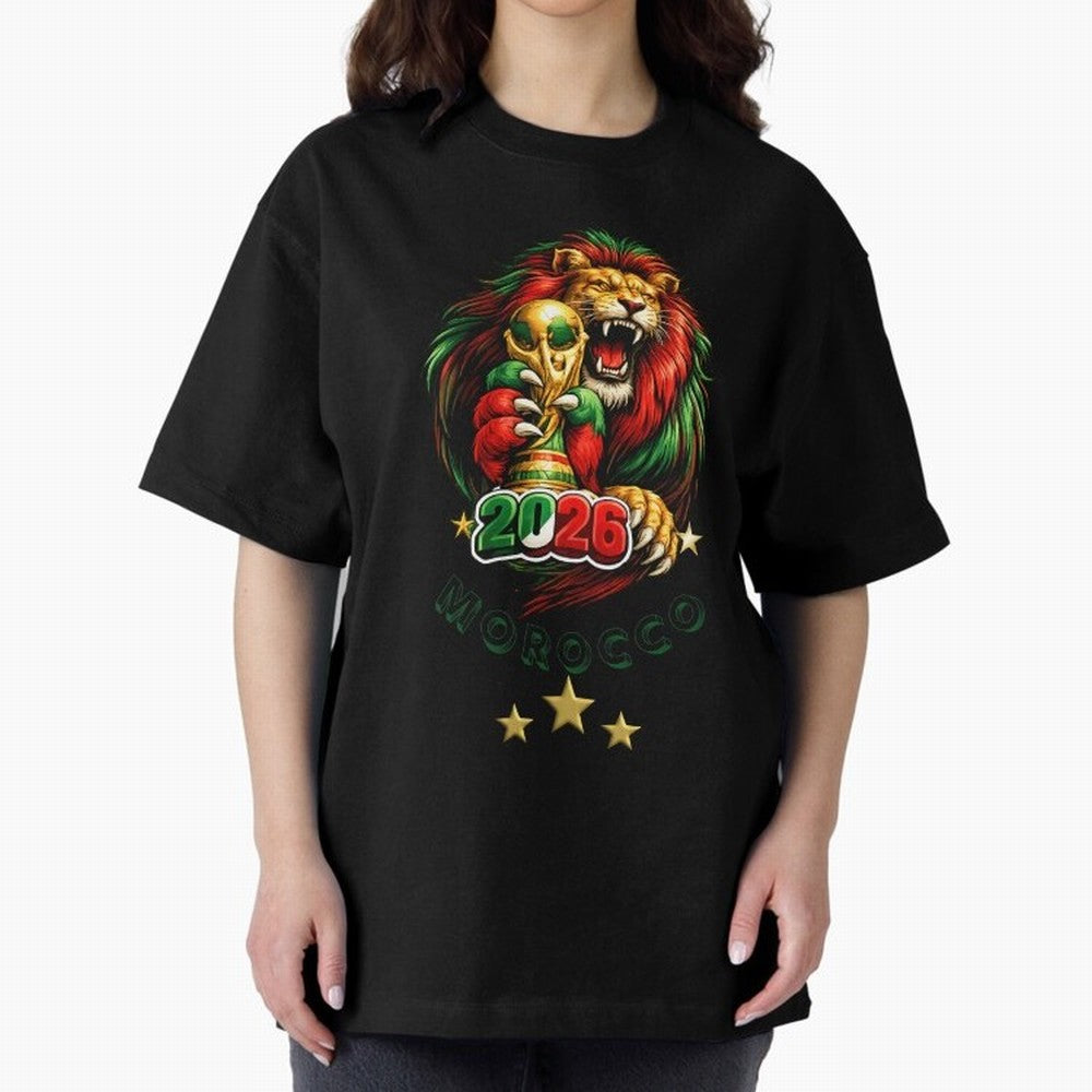 Moroccan Lion World Cup 2026 Design Oversized T-Shirt Experience the Global Stage of Global Football Passion for FIFA World Cup 2026 USA Canada Mexico, Capturing Mbappe, Germany, Championship Spirit, Famous Goals, Roaring Crowds and International