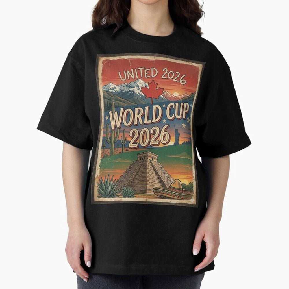 United 2026 World Cup ¨C Vintage North America Soccer Poster Oversized T-Shirt Celebrate Unforgettable Nights in FIFA World Cup 2026 Spirit, Inspired by Argentina, France and Brazil, Cristiano Ronaldo, Stadium Memories, Football Loyalty,