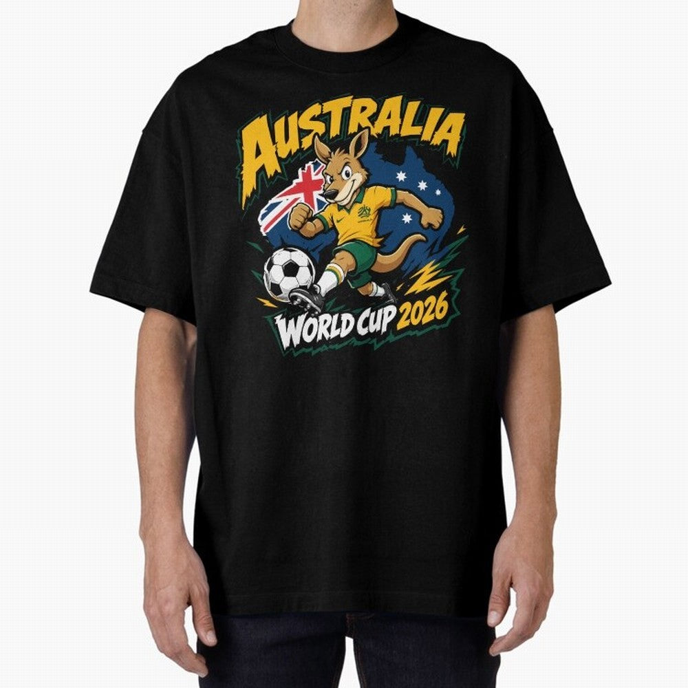 Australia World Cup 2026 Kangaroo Soccer Fan Art Oversized T-Shirt Bring Match Day Fire to the FIFA World Cup 2026 Journey through Messi Highlights, Spain Pride, Stadium Memories, Football Loyalty, International Chants and Championship Tradition;
