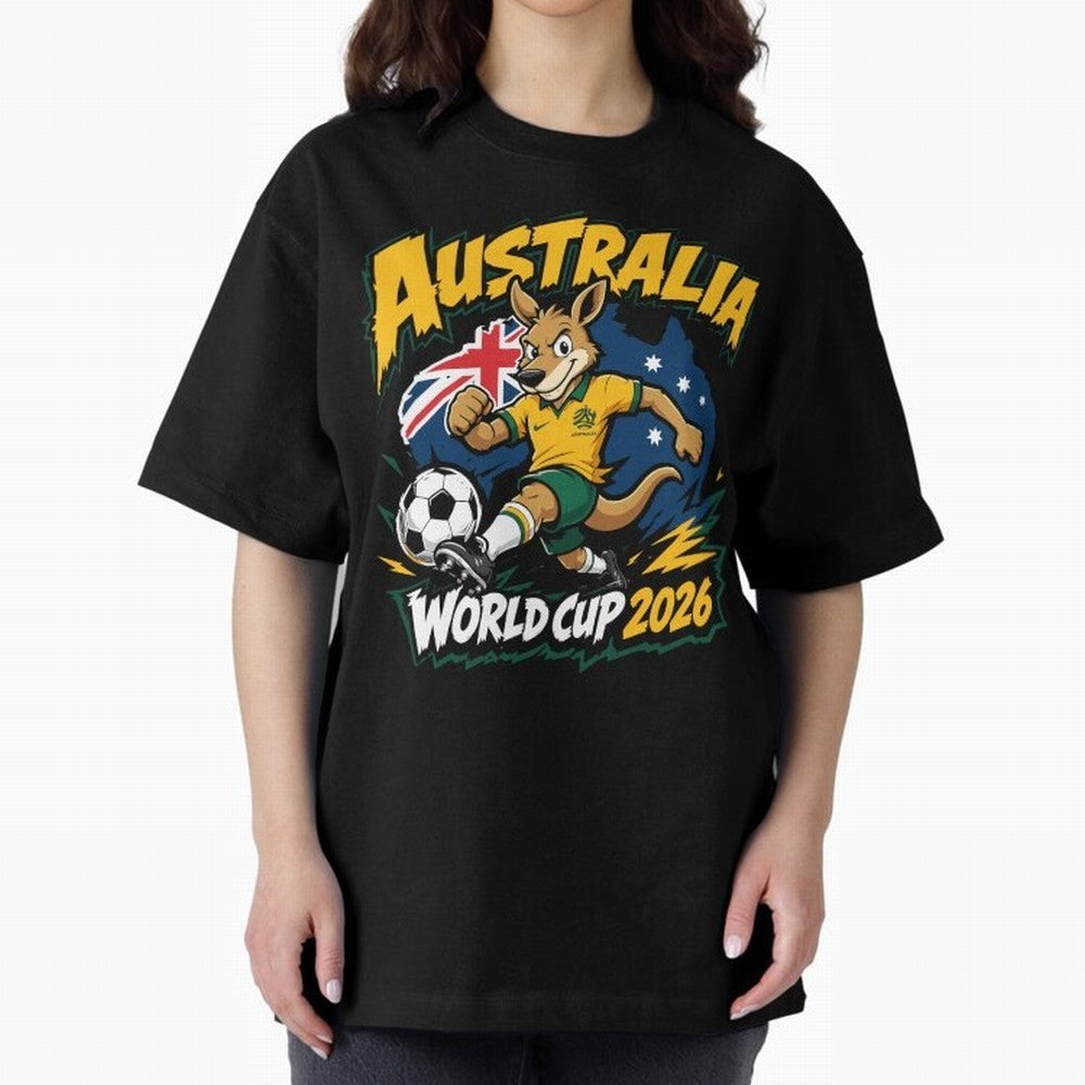 Australia World Cup 2026 Kangaroo Soccer Fan Art Oversized T-Shirt Bring Match Day Fire to the FIFA World Cup 2026 Journey through Messi Highlights, Spain Pride, Stadium Memories, Football Loyalty, International Chants and Championship Tradition;