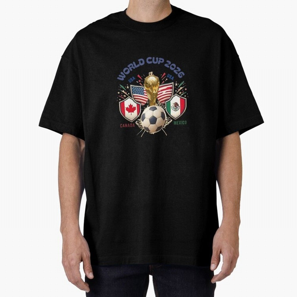 World Cup 2026 Host Nations Crest Oversized T-Shirt Follow the FIFA World Cup 2026 Journey through Cristiano Ronaldo, Haaland and CR7 Highlights, Portugal, Spain and Germany Pride, Football History, Final Match Energy, Crowd Noise and Once in a