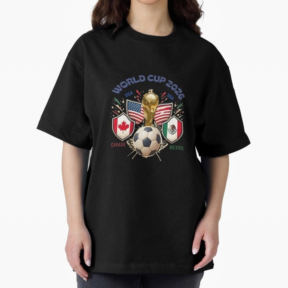 World Cup 2026 Host Nations Crest Oversized T-Shirt Follow the FIFA World Cup 2026 Journey through Cristiano Ronaldo, Haaland and CR7 Highlights, Portugal, Spain and Germany Pride, Football History, Final Match Energy, Crowd Noise and Once in a