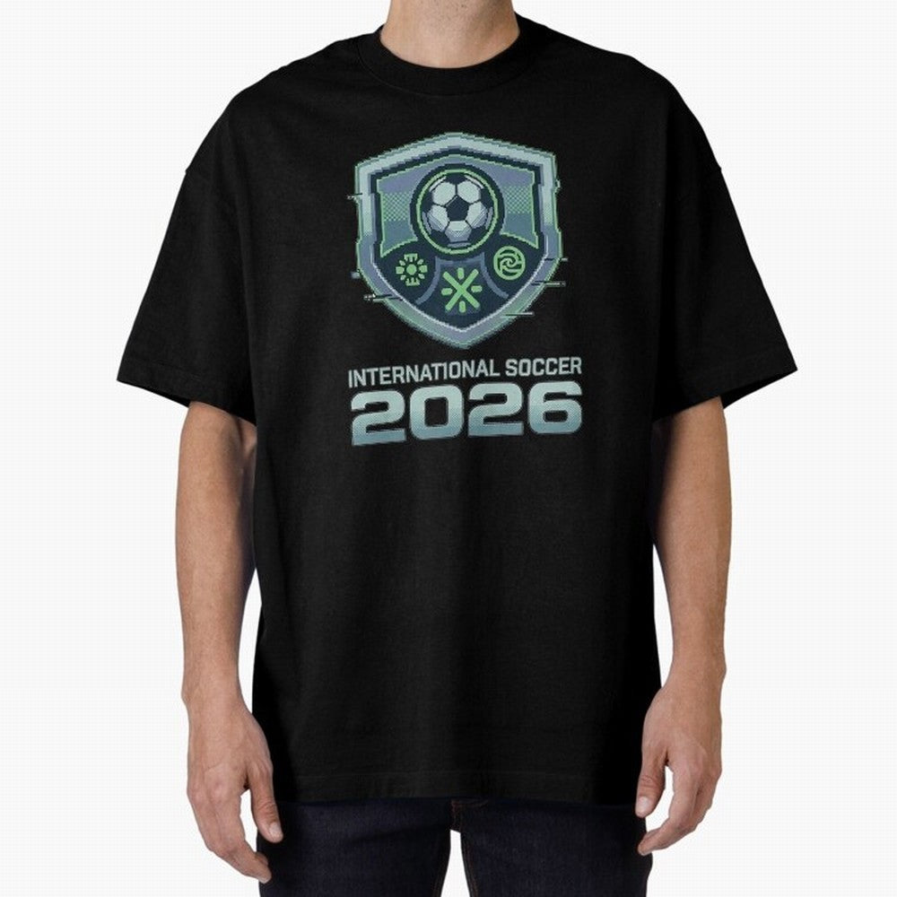 International Soccer 2026 Retro Pixel Glitch Crest Oversized T-Shirt Build FIFA World Cup 2026 USA Canada Mexico for Fans of Neymar and Netherlands, Bringing Worldwide Fan Energy, Dramatic Goals, Stadium Lights and Championship Celebrations;