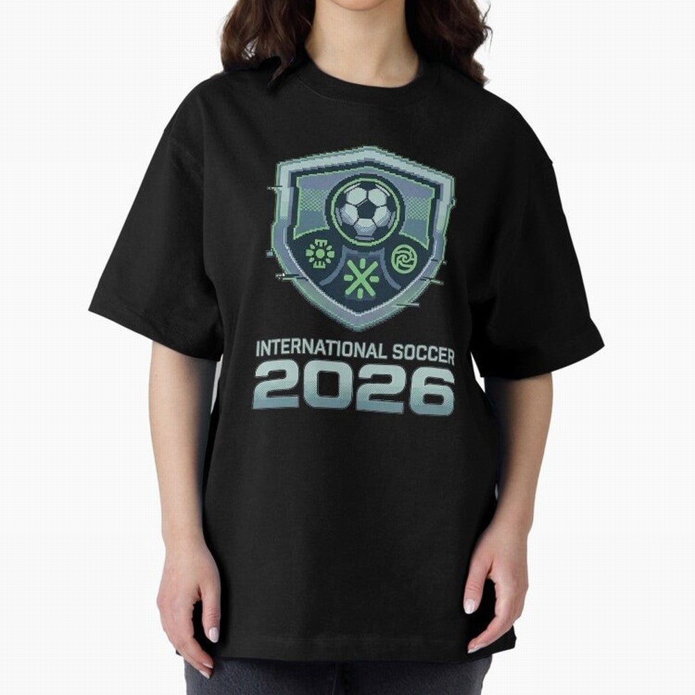 International Soccer 2026 Retro Pixel Glitch Crest Oversized T-Shirt Build FIFA World Cup 2026 USA Canada Mexico for Fans of Neymar and Netherlands, Bringing Worldwide Fan Energy, Dramatic Goals, Stadium Lights and Championship Celebrations;