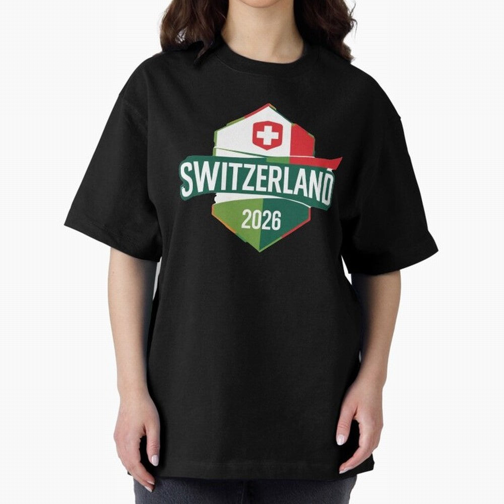 Switzerland WC2026 Oversized T-Shirt Unlock FIFA World Cup 2026 USA Canada Mexico for Fans of CR7 and Messi and Spain, Bringing Football Festival Excitement, Trophy Ambitions, Country Rivalries and Star Player Buzz; Ideal for Passionate Fans Who