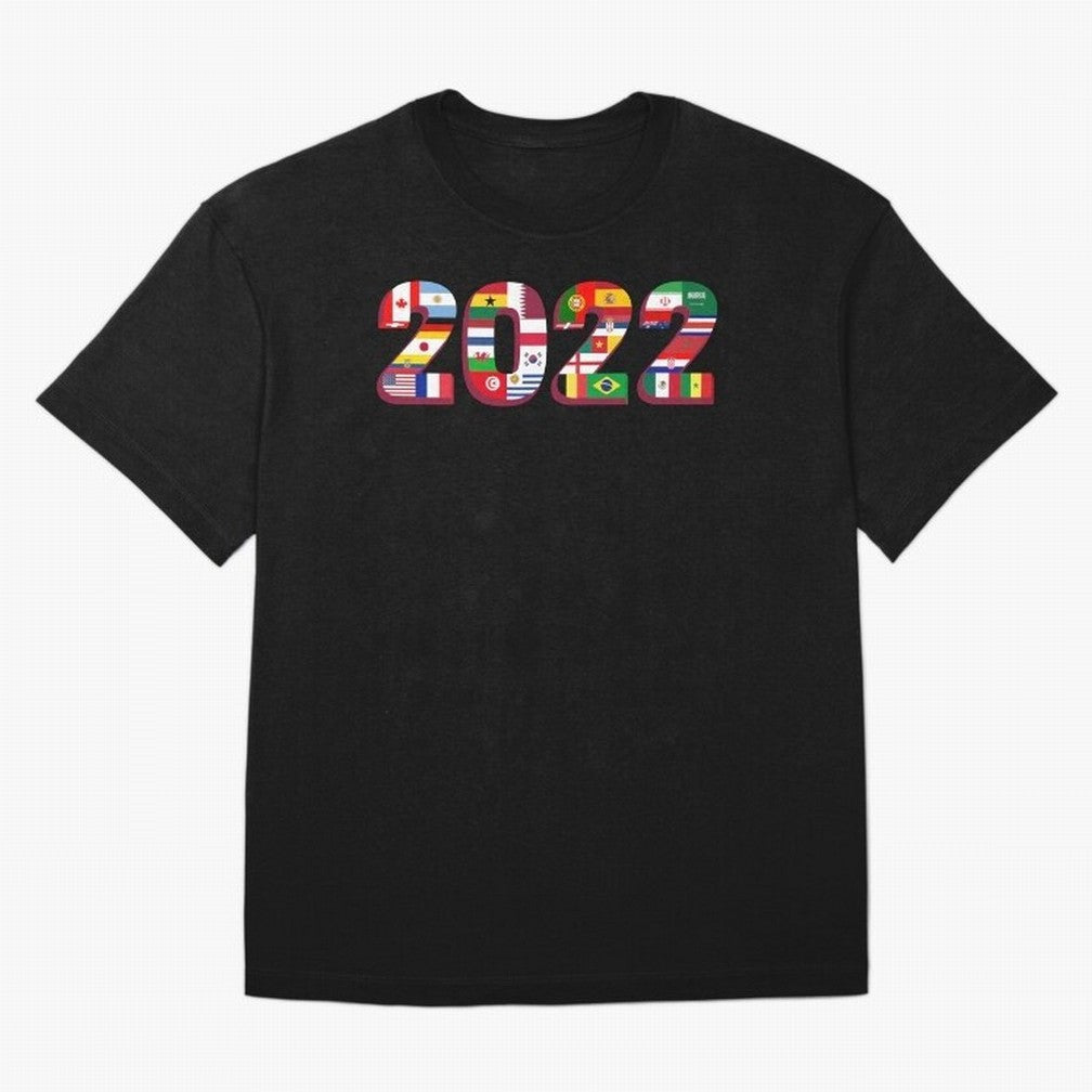 Flags of the 32 Teams that Played in Qatar in 2022 for Football Fans Oversized T-Shirt Mark Global Football Passion for FIFA World Cup 2026 USA Canada Mexico, with Messi, Neymar and Mbappe, Brazil, Retro Football Energy, Iconic Rivalries, Trophy