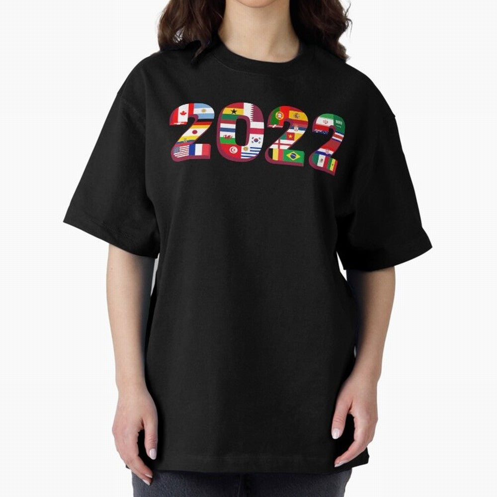 Flags of the 32 Teams that Played in Qatar in 2022 for Football Fans Oversized T-Shirt Mark Global Football Passion for FIFA World Cup 2026 USA Canada Mexico, with Messi, Neymar and Mbappe, Brazil, Retro Football Energy, Iconic Rivalries, Trophy