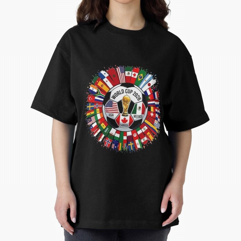 USA Canada Mexico 2026 Football Celebration Fan Art Oversized T-Shirt Celebrate Soccer Greatness during FIFA World Cup 2026 Group Stage Featuring Messi and Cristiano Ronaldo, Argentina and Brazil Energy, Worldwide Fan Energy, Dramatic Goals,