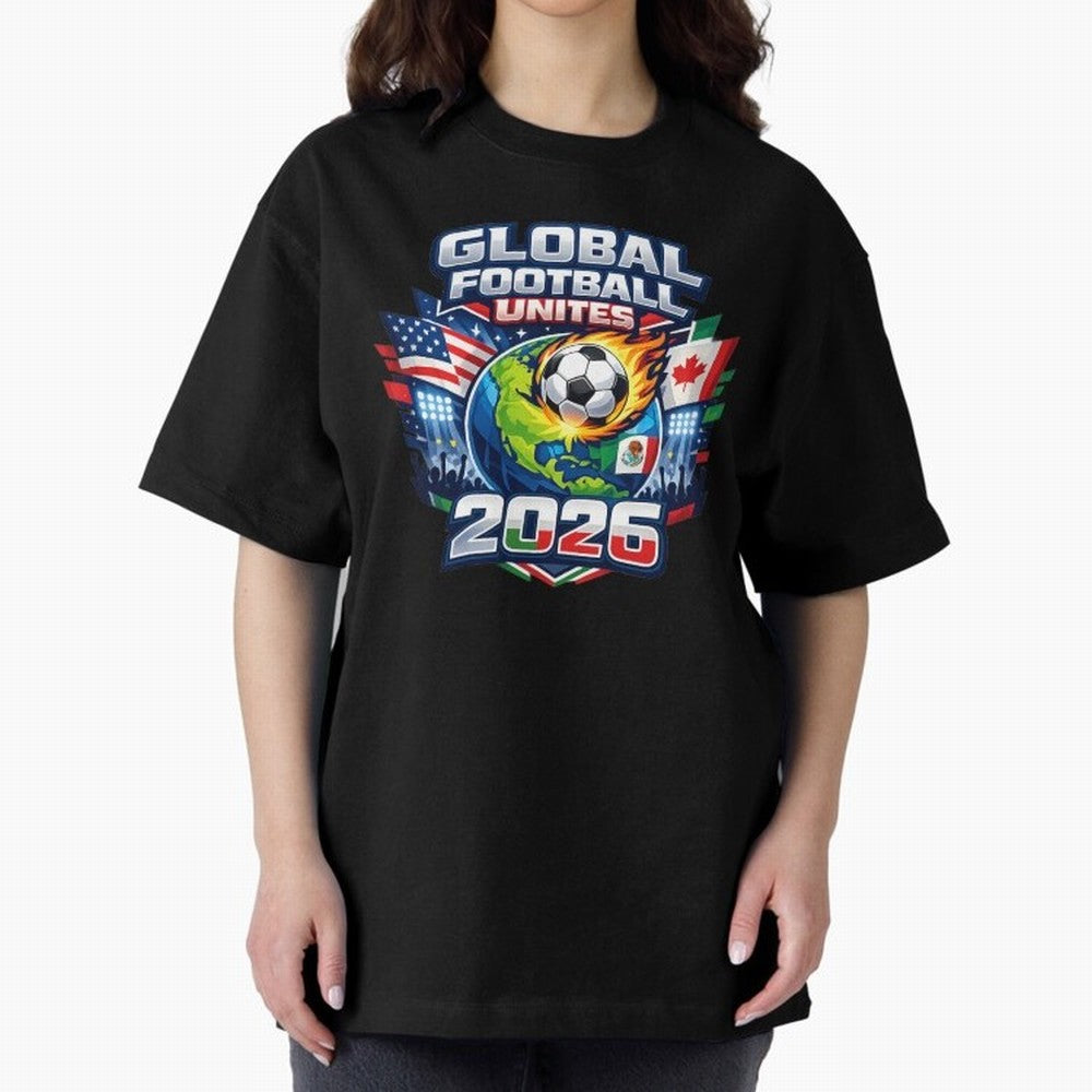 Global Football Unites 2026 USA Canada Mexico Oversized T-Shirt Experience the Global Stage of Global Football Passion for FIFA World Cup 2026 USA Canada Mexico, Capturing Mbappe, Germany, Championship Spirit, Famous Goals, Roaring Crowds and