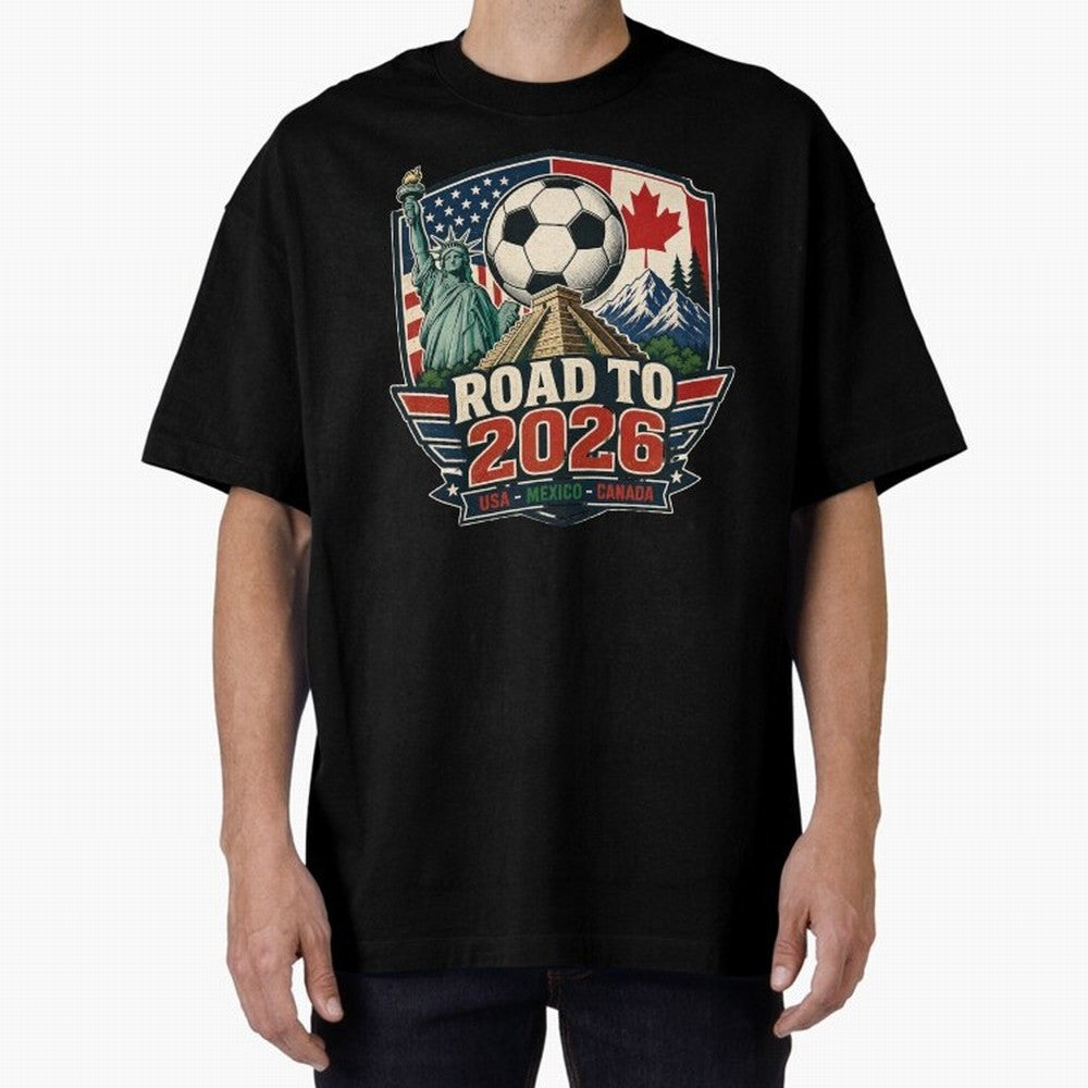 Road to 2026 USA Mexico Canada Soccer Design Oversized T-Shirt Support the Legends of FIFA World Cup 2026 Spirit, Highlighting England, France and Netherlands, CR7, Football Festival Excitement, Trophy Ambitions, Country Rivalries and Star Player
