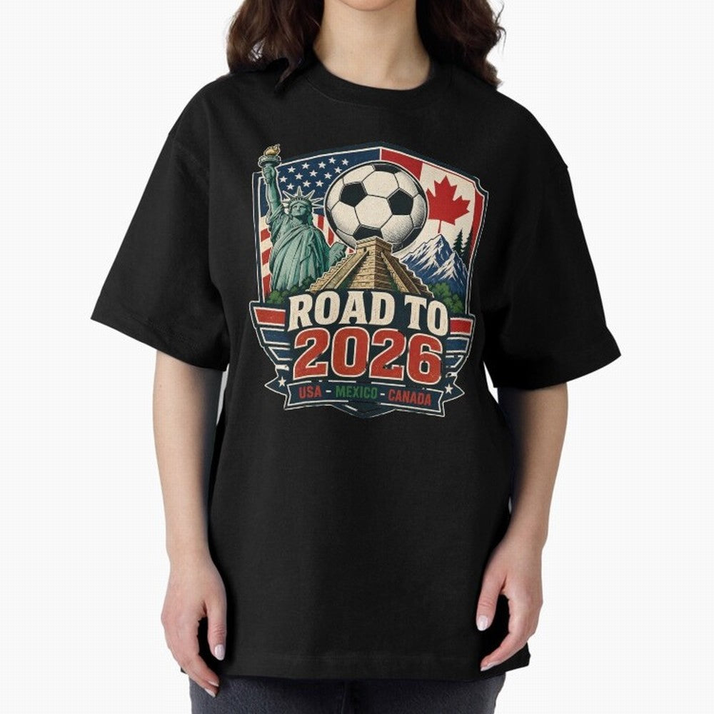 Road to 2026 USA Mexico Canada Soccer Design Oversized T-Shirt Support the Legends of FIFA World Cup 2026 Spirit, Highlighting England, France and Netherlands, CR7, Football Festival Excitement, Trophy Ambitions, Country Rivalries and Star Player