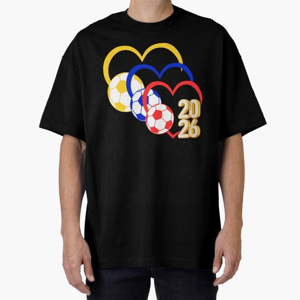 Football 2026 Hearts Colombia Sports Design Oversized T-Shirt Support Iconic Players in FIFA World Cup 2026 USA Canada Mexico Capturing CR7 and Messi, Argentina and Brazil Energy, Champion Mindset, Group Stage Buzz, Knockout Tension and Passionate