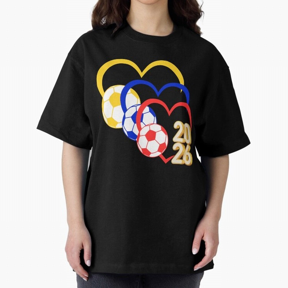 Football 2026 Hearts Colombia Sports Design Oversized T-Shirt Support Iconic Players in FIFA World Cup 2026 USA Canada Mexico Capturing CR7 and Messi, Argentina and Brazil Energy, Champion Mindset, Group Stage Buzz, Knockout Tension and Passionate