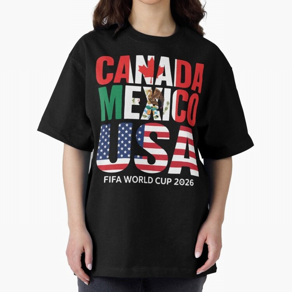 Canada Mexico USA 2026 World Cup Host Nations Oversized T-Shirt Bring a Vintage Feel to Global Football Passion for FIFA World Cup 2026, Celebrating Haaland and Mbappe, Brazil, Vintage Soccer Flavor, Modern Football Stars, National Flags and Final