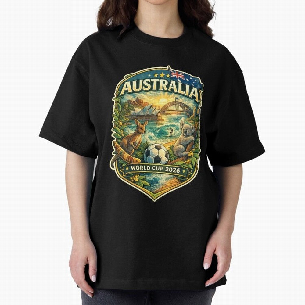 Australia FIFA World Cup 2026 Sydney Opera House Outback Kangaroo Coast Oversized T-Shirt Stand Proud for Global Football Passion for FIFA World Cup 2026 Group Stage, Highlighting Messi, CR7 and Mbappe, Brazil, Classic Soccer Heritage, Championship