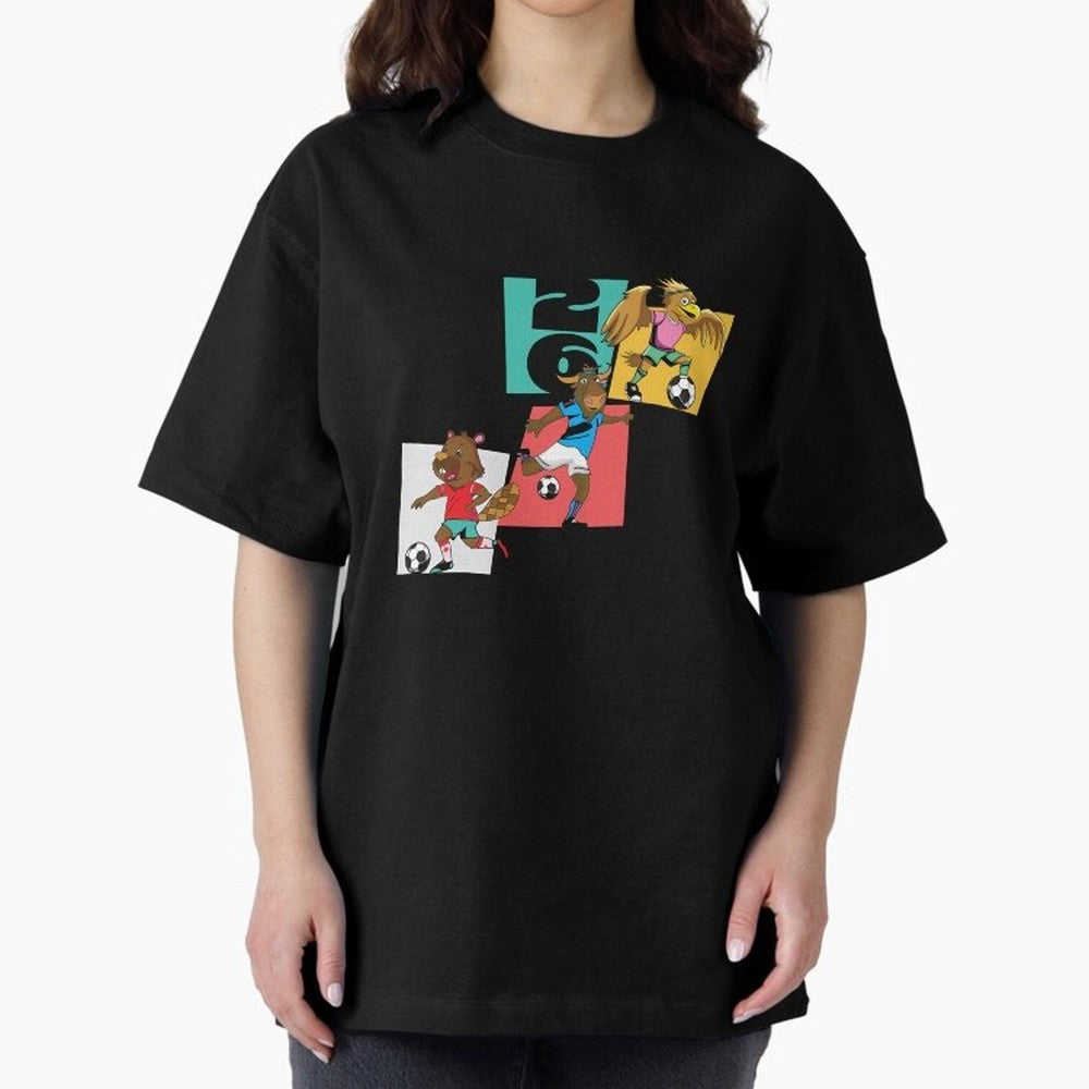 North America Mascots 2 T-Shirt_83568192 Oversized T-Shirt Join the Countdown to Global Football Passion for FIFA World Cup 2026 USA Canada Mexico, Highlighting Cristiano Ronaldo, Haaland and CR7, England and Germany, Worldwide Fan Energy, Dramatic