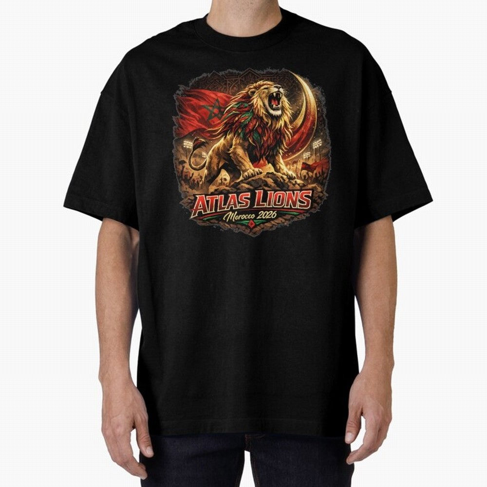 Morocco Football Fan - Atlas Lions Oversized T-Shirt Capture Global Football Passion for FIFA World Cup 2026, with Mbappe and Neymar, England and Germany, Supporter Pride, Iconic Celebrations, Legendary Names and Global Match Day Energy; Perfect