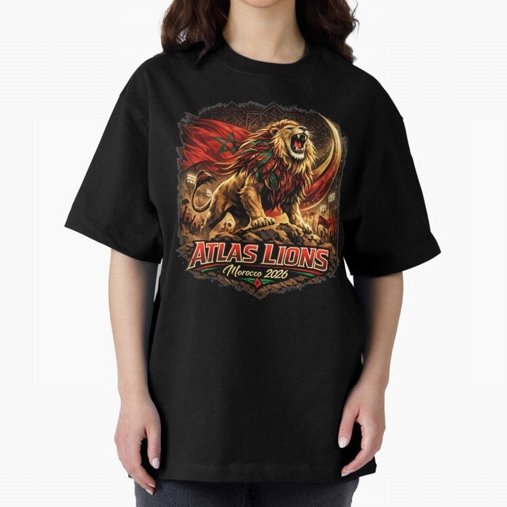Morocco Football Fan - Atlas Lions Oversized T-Shirt Capture Global Football Passion for FIFA World Cup 2026, with Mbappe and Neymar, England and Germany, Supporter Pride, Iconic Celebrations, Legendary Names and Global Match Day Energy; Perfect