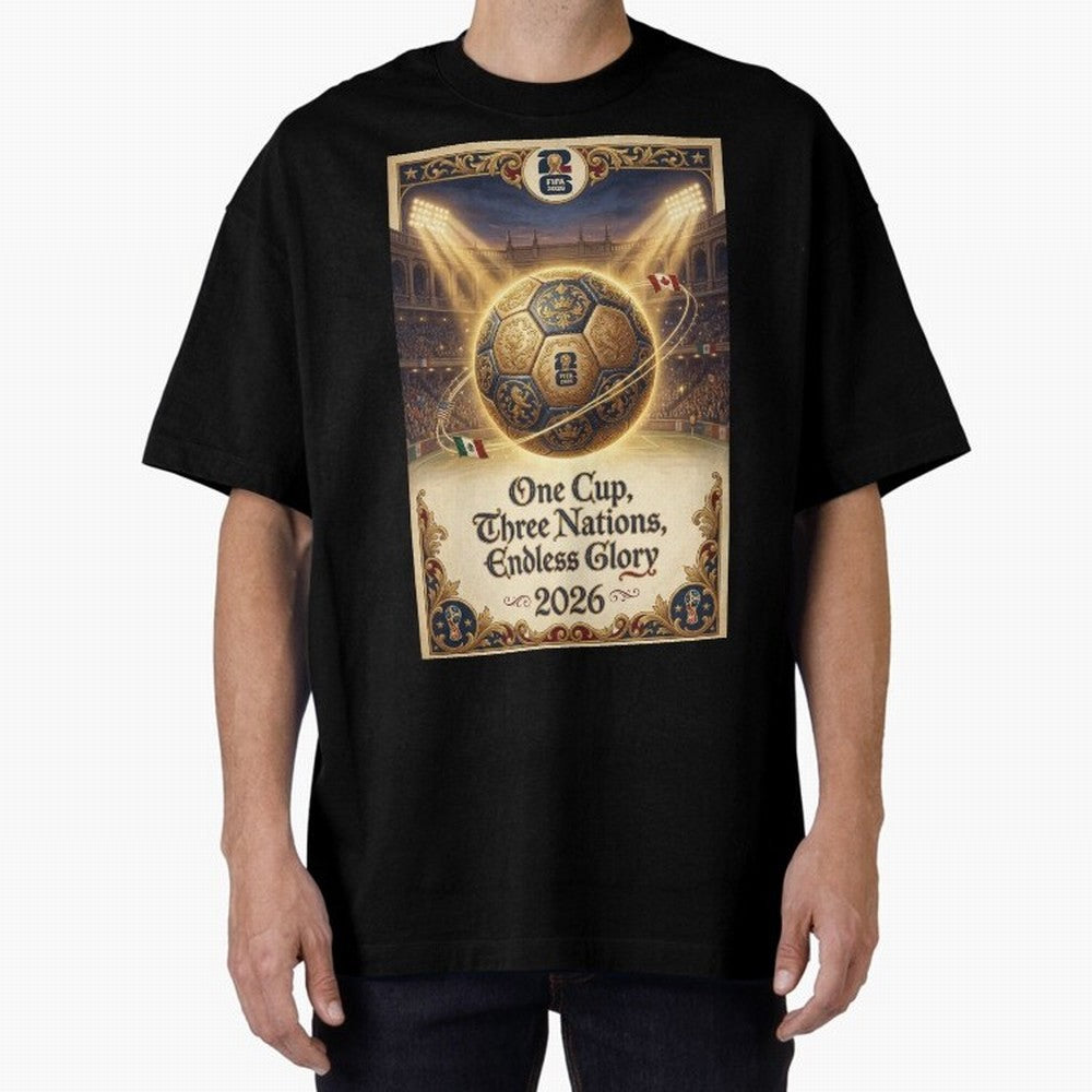 FIFA World Cup 2026 Poster Oversized T-Shirt Fuel Your Fan Pride for FIFA World Cup 2026 Group Stage Highlighting Messi and Cristiano Ronaldo, Portugal Energy, Football Passion, Legendary Performances, Festival Vibes and Supporter Community;