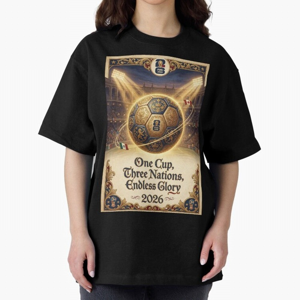FIFA World Cup 2026 Poster Oversized T-Shirt Fuel Your Fan Pride for FIFA World Cup 2026 Group Stage Highlighting Messi and Cristiano Ronaldo, Portugal Energy, Football Passion, Legendary Performances, Festival Vibes and Supporter Community;