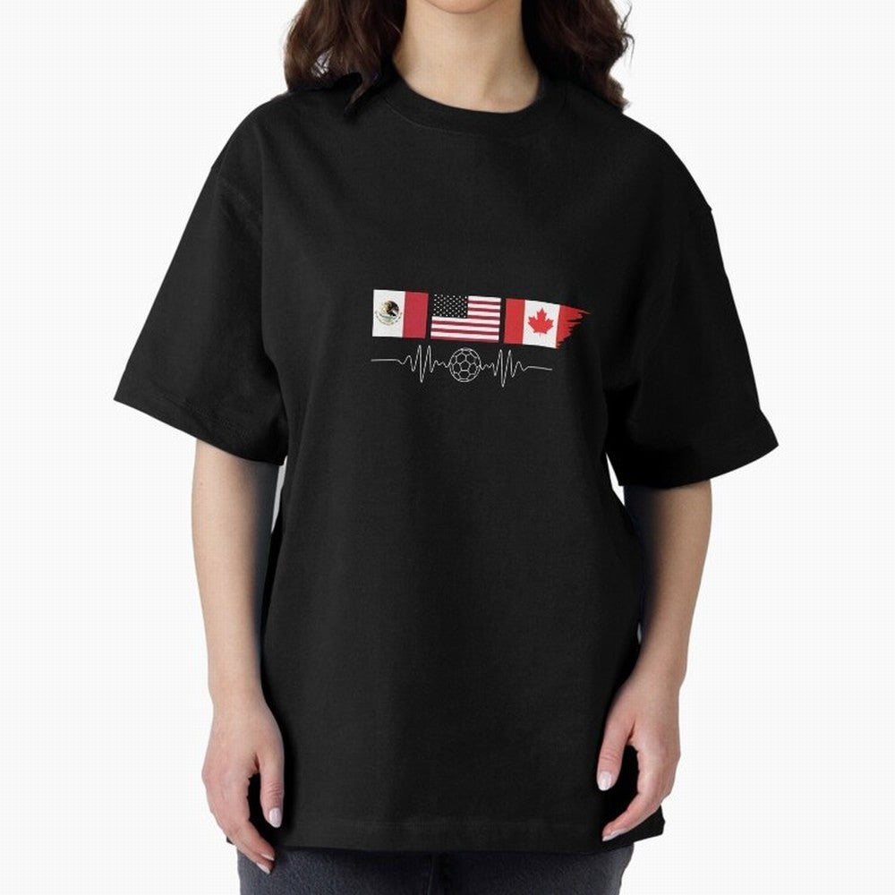 North America Soccer Heartbeat Flags 2026 Cup T-Shirt_82794888 Oversized T-Shirt Refresh FIFA World Cup 2026 USA Canada Mexico for Fans of CR7 and France and Portugal, Bringing Champion Mindset, Group Stage Buzz, Knockout Tension and Passionate Fan