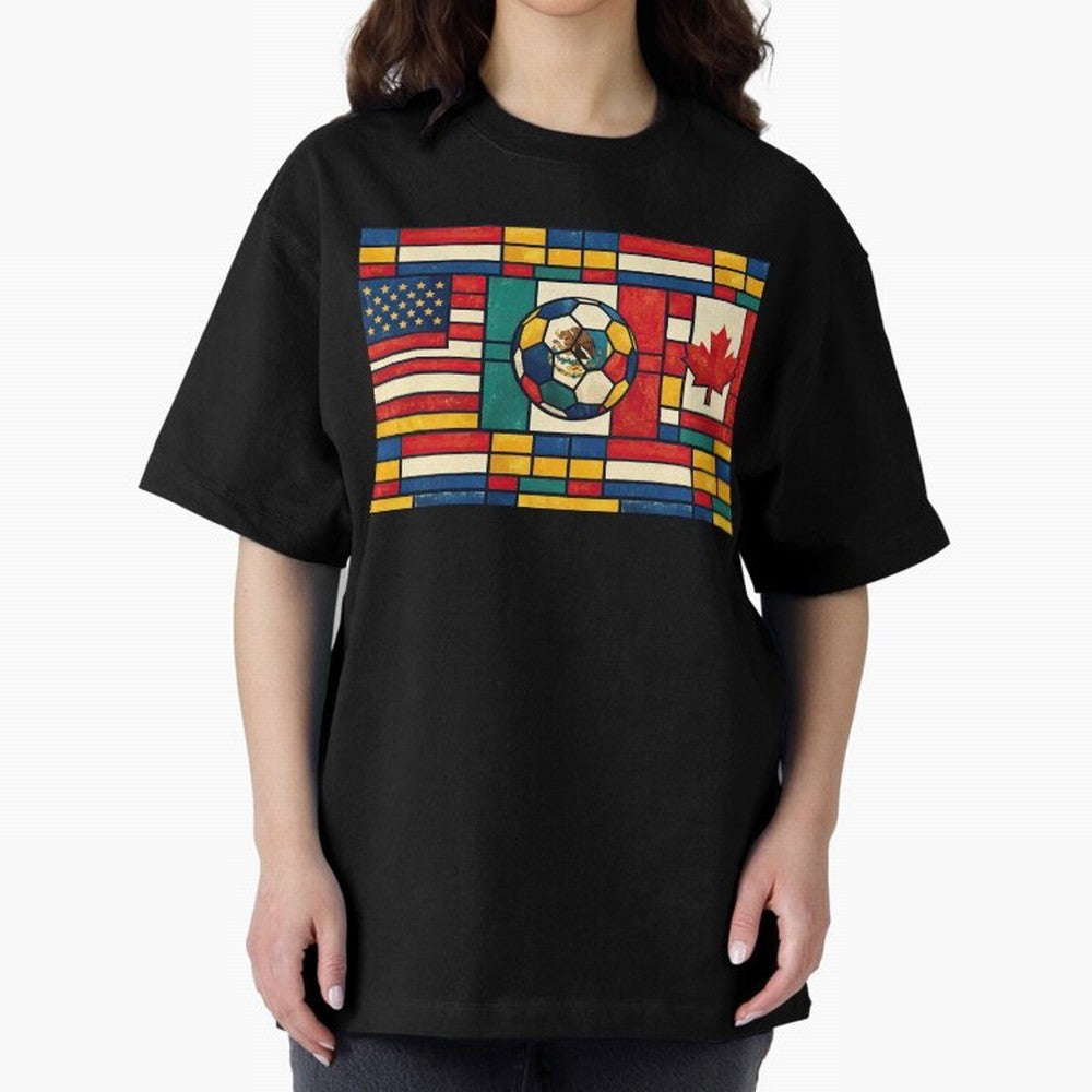 Elegant World Cup Stadiums Geometrical | Soccer Flags Mexico Canada USA Oversized T-Shirt Relive the Noise and Pride of Global Football Passion for FIFA World Cup 2026 USA Canada Mexico, Driven by Messi and Cristiano Ronaldo, Portugal, Spain and