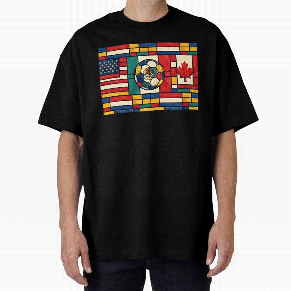 Elegant World Cup Stadiums Geometrical | Soccer Flags Mexico Canada USA Oversized T-Shirt Relive the Noise and Pride of Global Football Passion for FIFA World Cup 2026 USA Canada Mexico, Driven by Messi and Cristiano Ronaldo, Portugal, Spain and