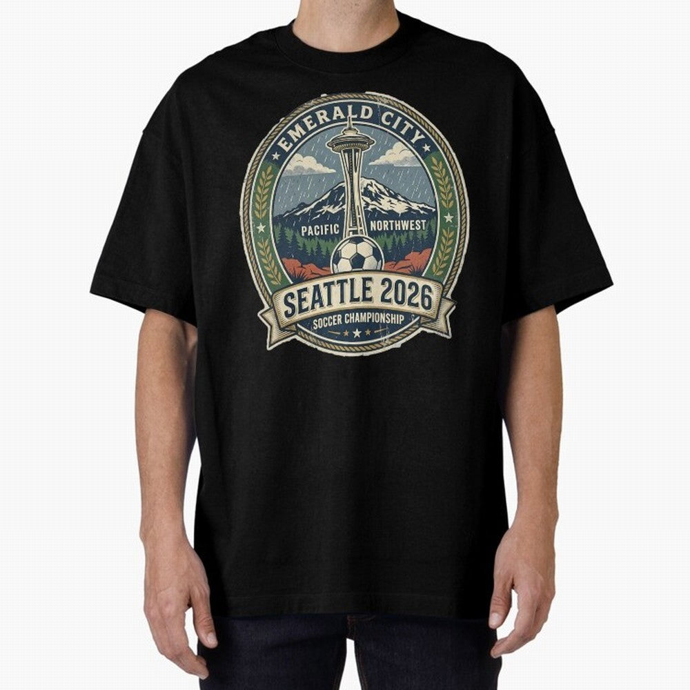 Seattle 2026 World Cup Host City Vintage Football Badge ¡ª Emerald City Space Needle Soccer Oversized T-Shirt Bring the FIFA World Cup 2026 Group Stage Journey through CR7 and Messi Highlights, England and Germany Pride, Football Passion, Legendary