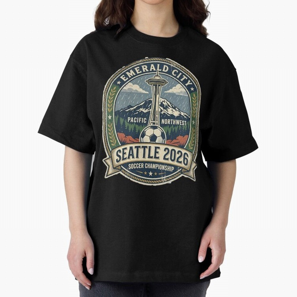 Seattle 2026 World Cup Host City Vintage Football Badge ¡ª Emerald City Space Needle Soccer Oversized T-Shirt Bring the FIFA World Cup 2026 Group Stage Journey through CR7 and Messi Highlights, England and Germany Pride, Football Passion, Legendary
